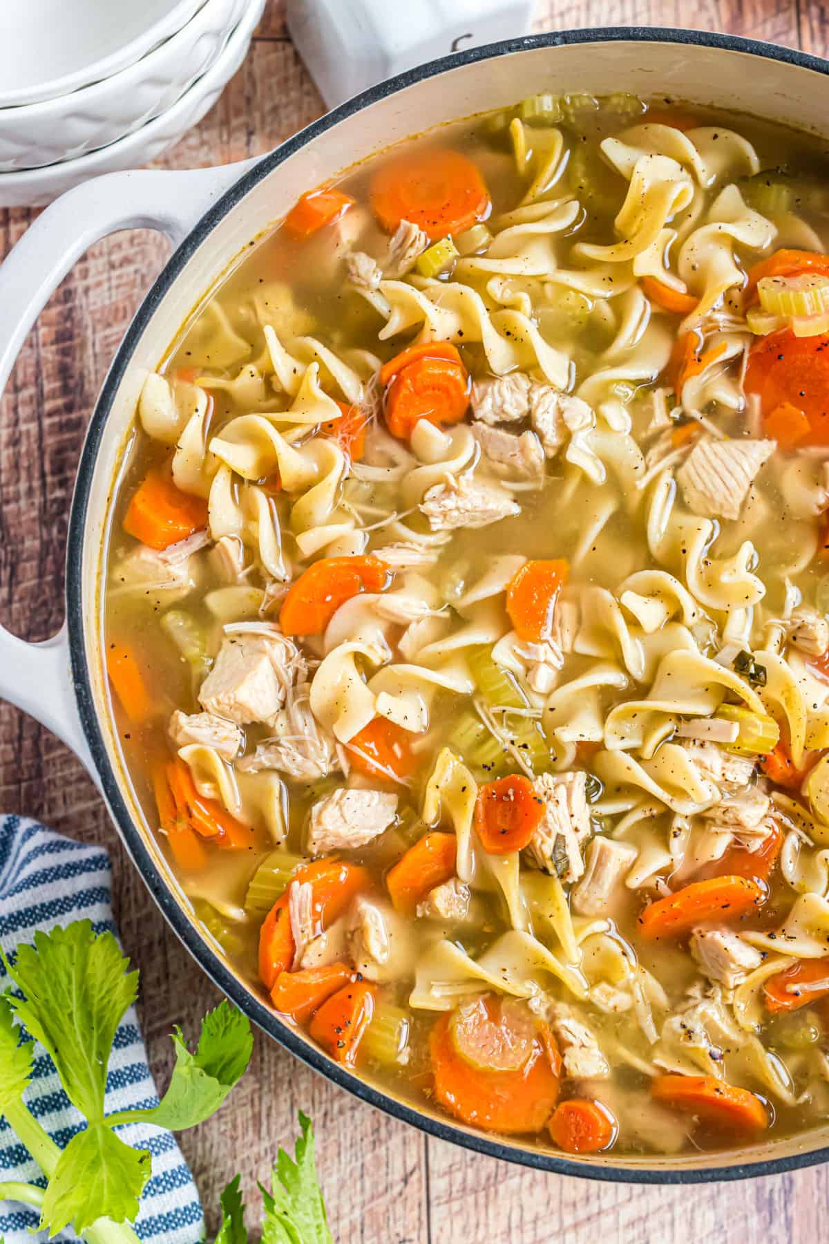 Turkey noodle soup in large dutch oven.