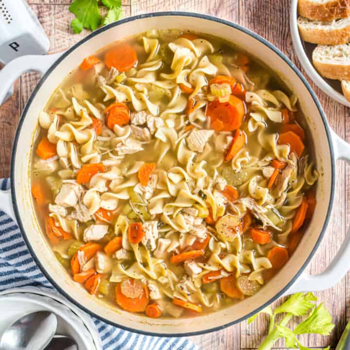 Comfort food for the holidays! Use your leftover holiday turkey to make this Turkey Noodle Soup recipe or substitute shredded chicken any time of the year.