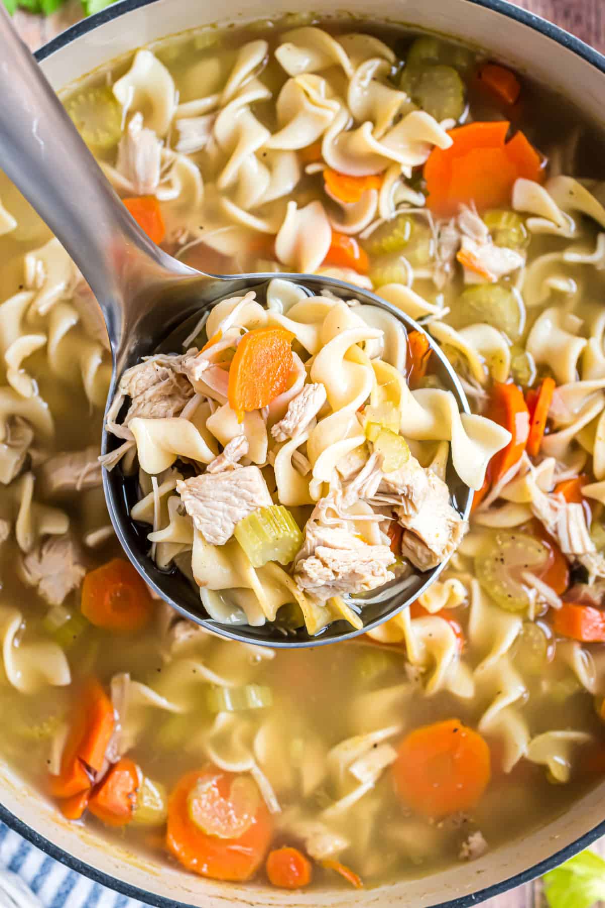 Turkey noodle soup in pot with ladle.