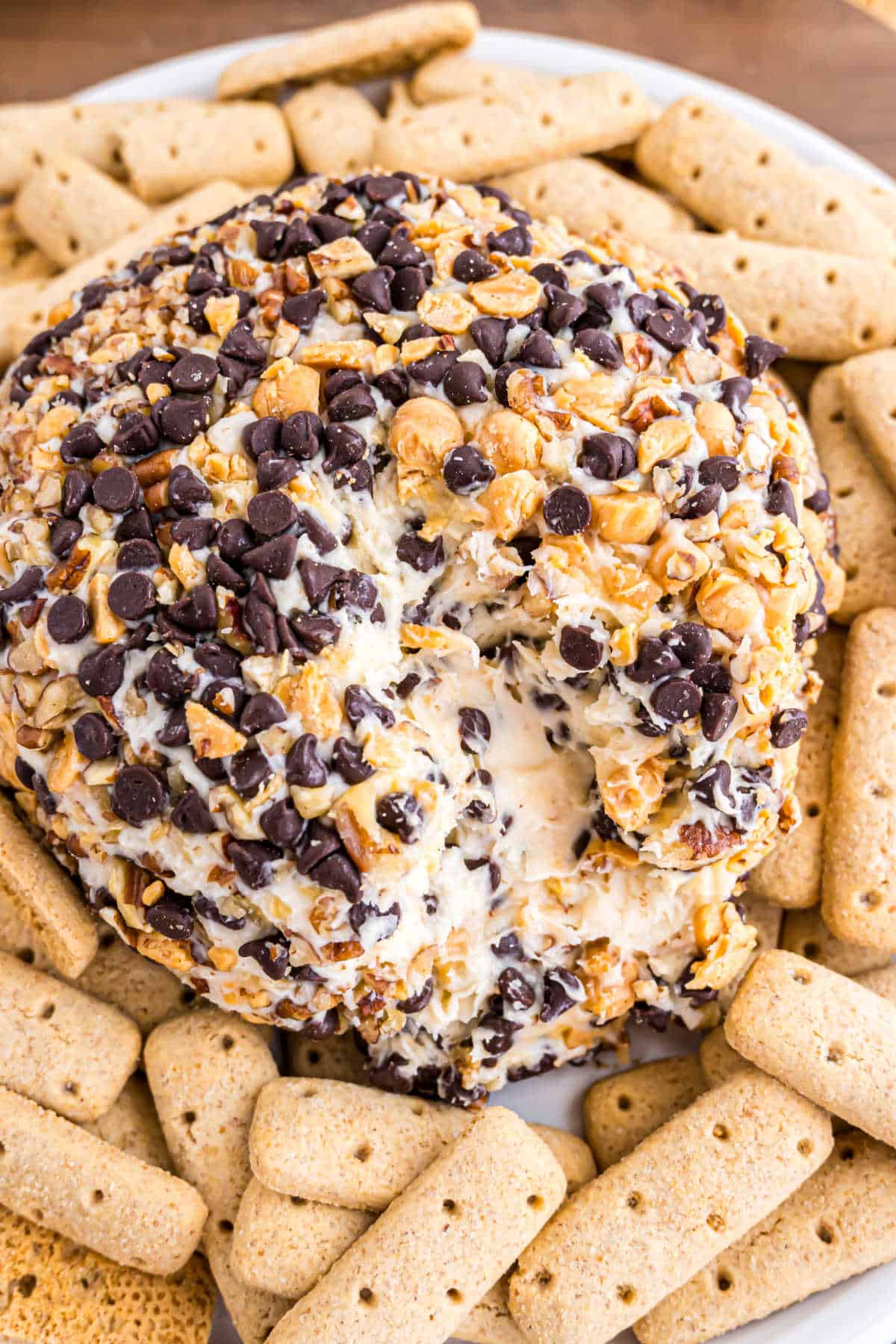 A turtle cheeseball coated in chocolate chips and nuts, surrounded by rectangular cookies on a white plate.