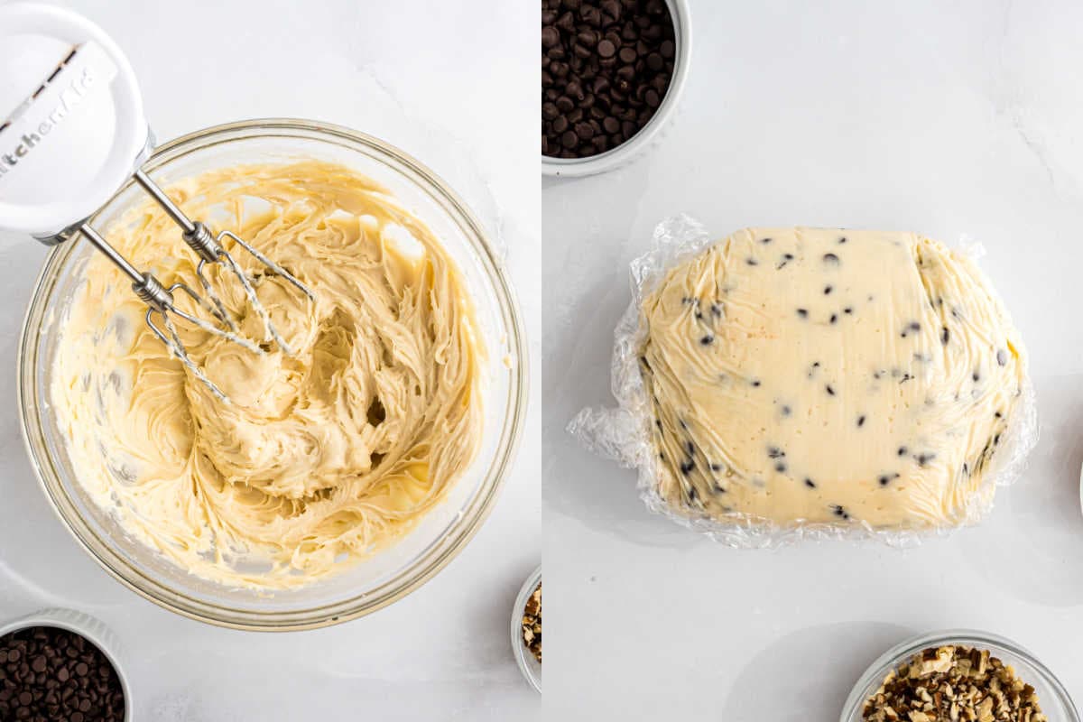 Left: Mixer blending cookie dough; Right: Cookie dough with chocolate chips, perfect for a turtle cheeseball, wrapped in plastic wrap on a white surface.