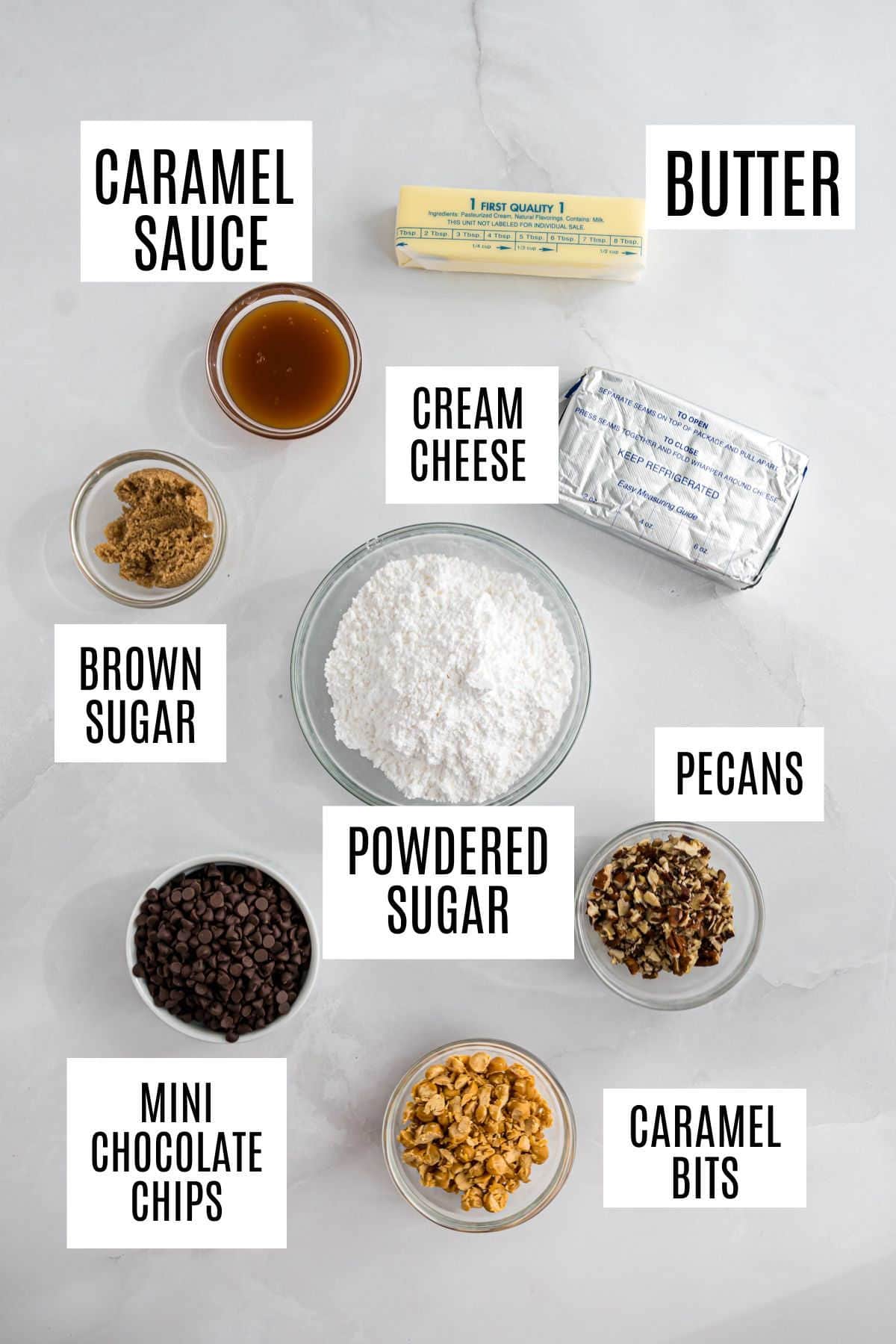 Top view of labeled ingredients for a turtle cheeseball dessert: cream cheese, butter, sugars, pecans, caramel, chips, caramel bits.