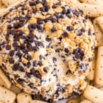 A turtle cheeseball coated with chocolate chips and nuts, surrounded by rectangular cookies, with a wedge removed.