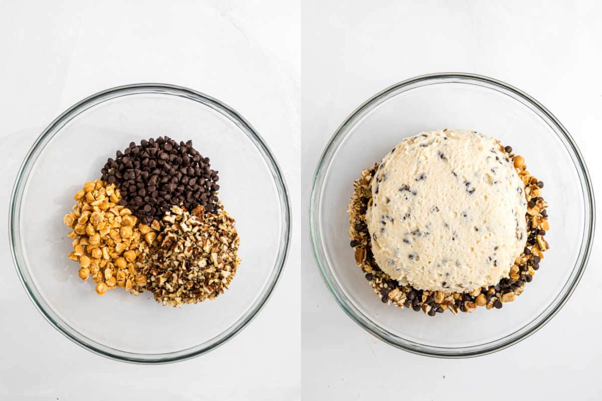 A glass bowl with chocolate chips, chopped nuts, and crushed crackers beside a bowl with mixed turtle cheeseball dough.