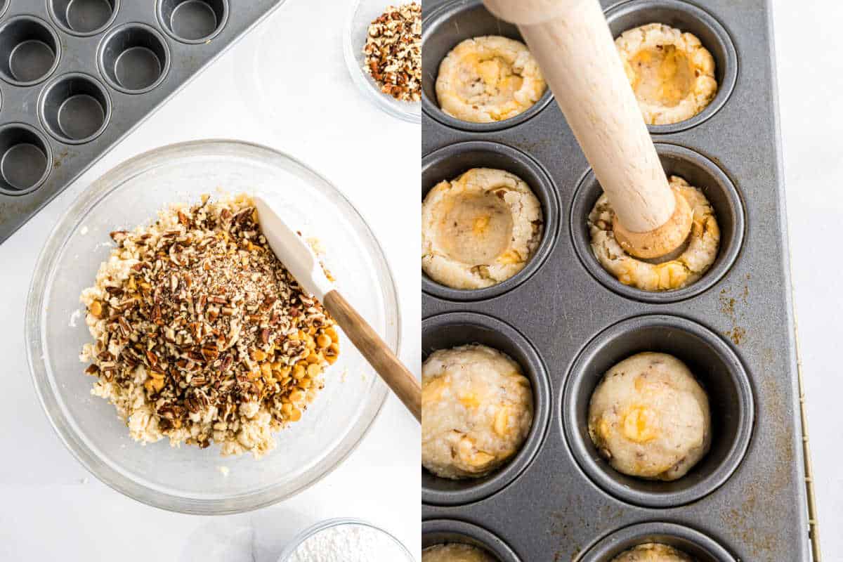 Left: Mixing dough with nuts for butterscotch cookie cups in a bowl. Right: Pressing dough into a muffin tin with a wooden tool.