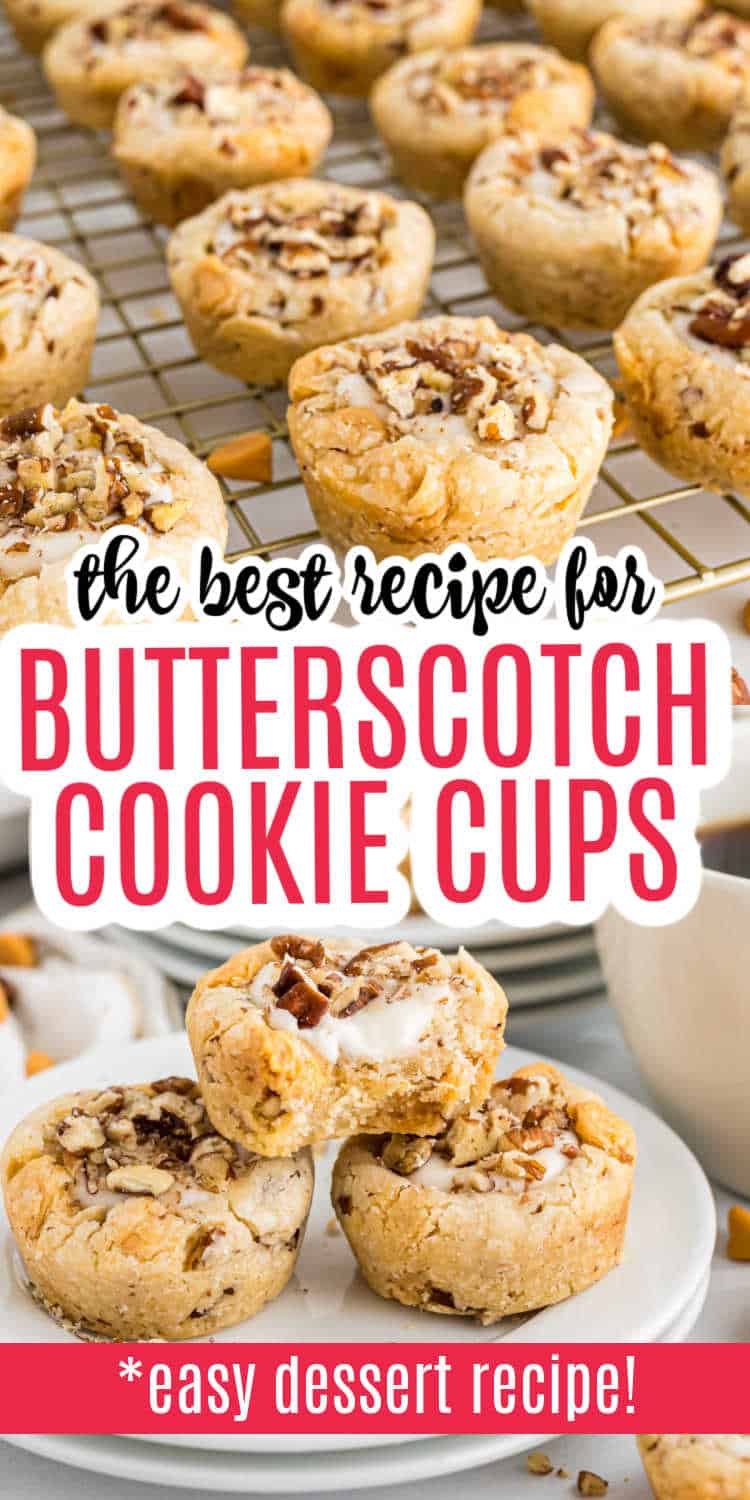 Butterscotch cookie cups with pecans rest on a cooling rack and are stacked on a plate, each topped with dessert labels.