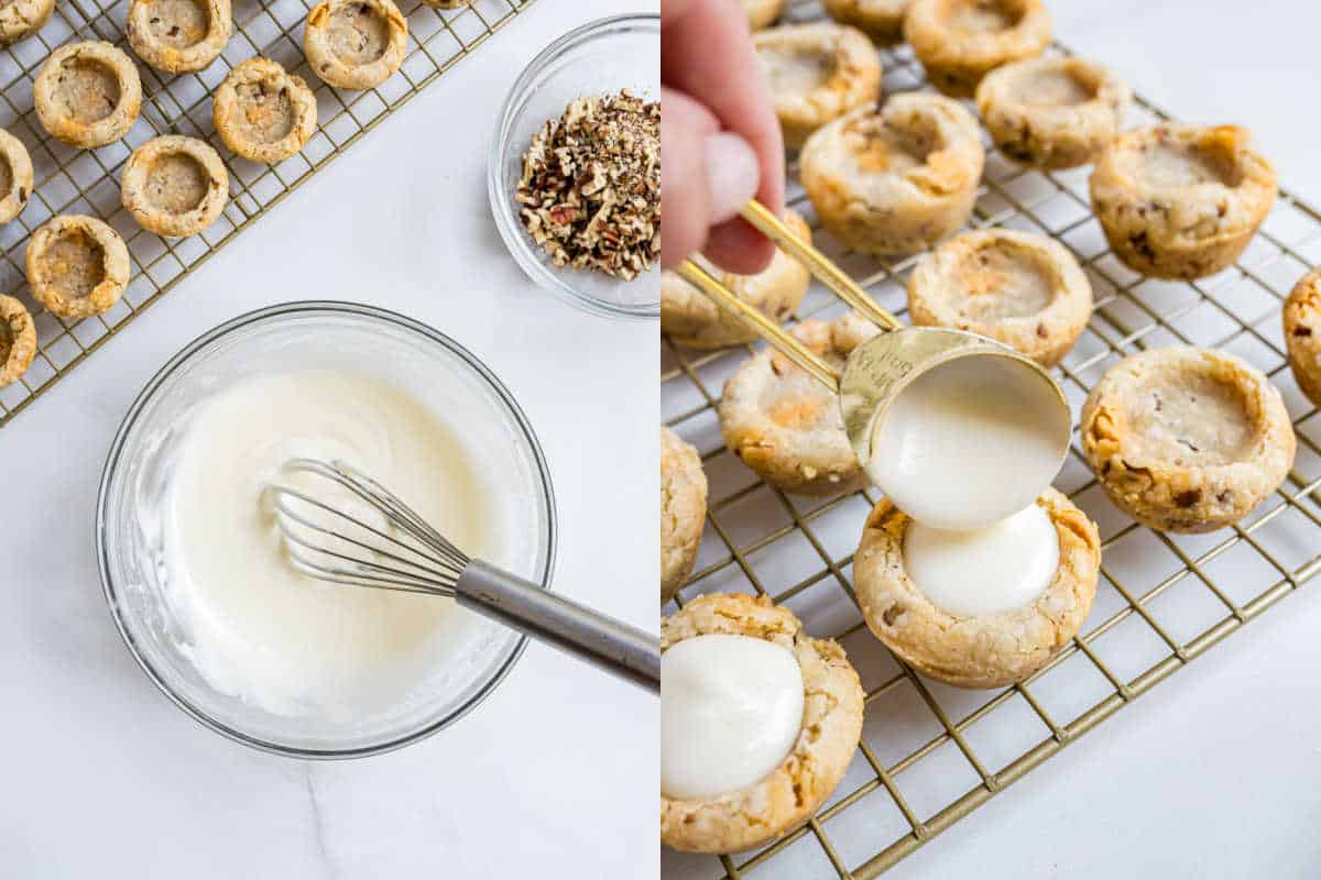 A bowl of icing is whisked and poured into butterscotch cookie cups cooling on a wire rack.