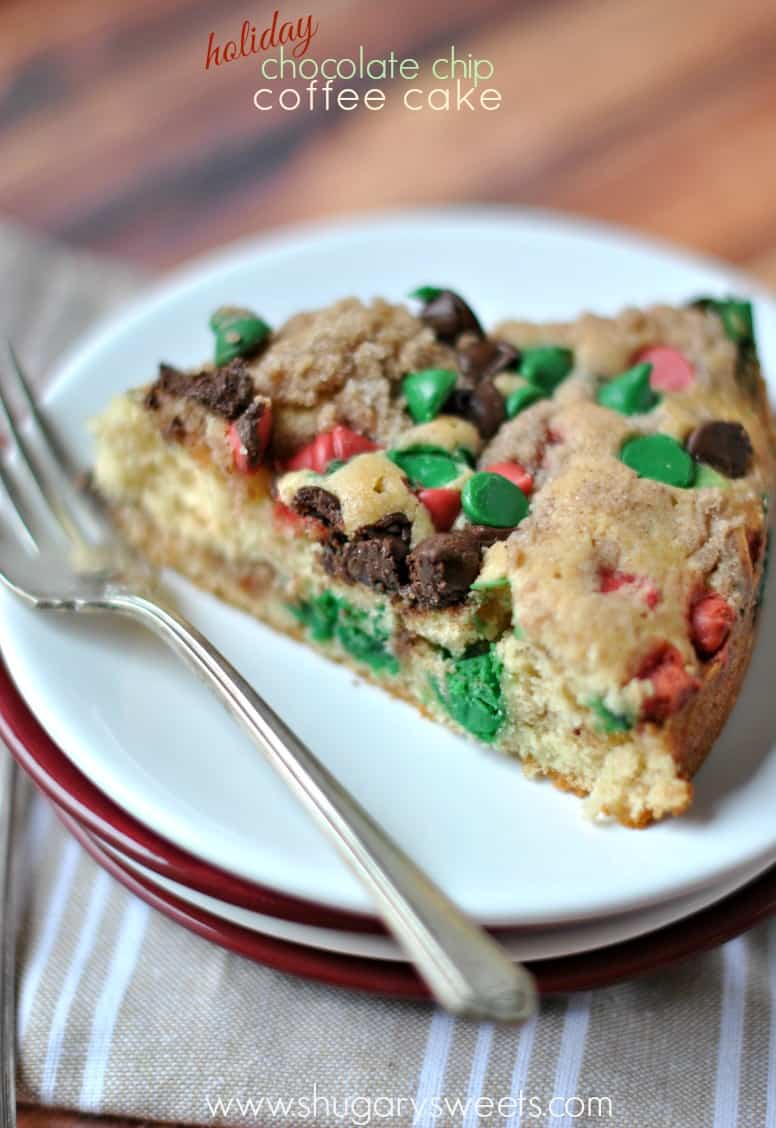 Chocolate Chip Coffee Cake recipe with Cinnamon swirl, red and green chocolate chips.