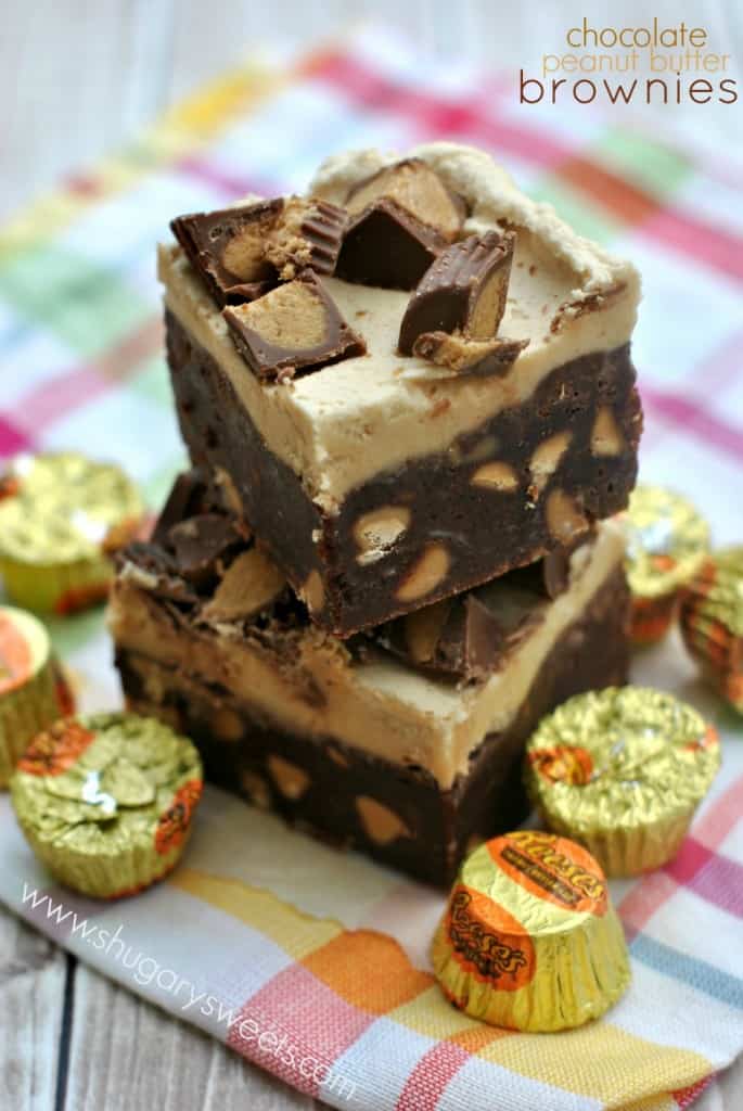 Fudgy Chocolate Brownies with Reese's PB morsels, fluffy Peanut Butter Frosting and chopped Reese's PB Cups!