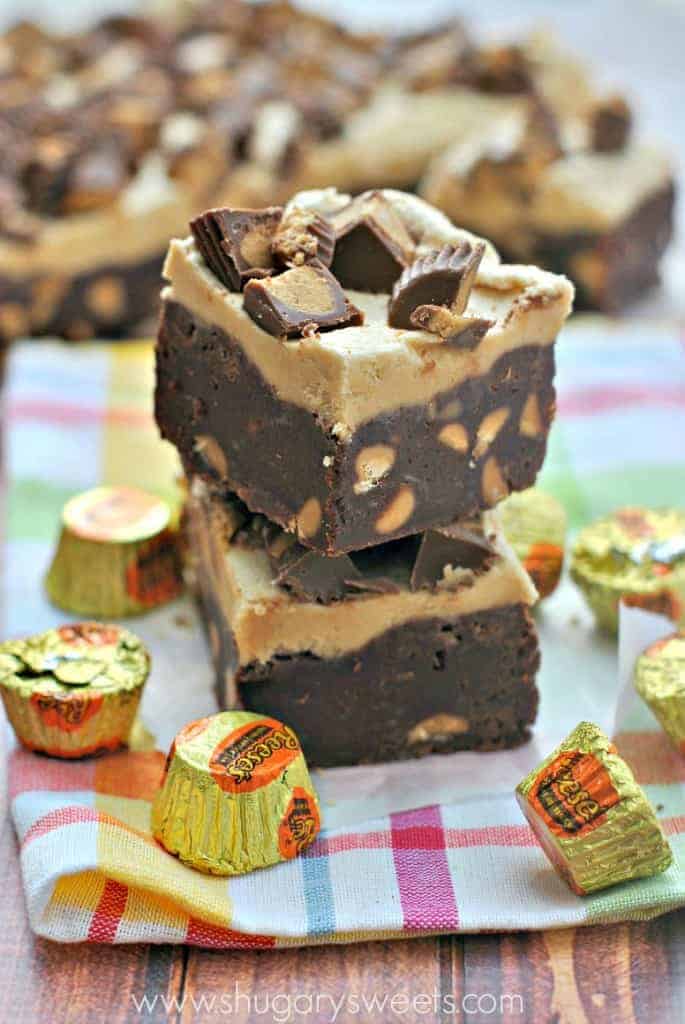 Fudgy Chocolate Brownies with Reese's PB morsels, fluffy Peanut Butter Frosting and chopped Reese's PB Cups!
