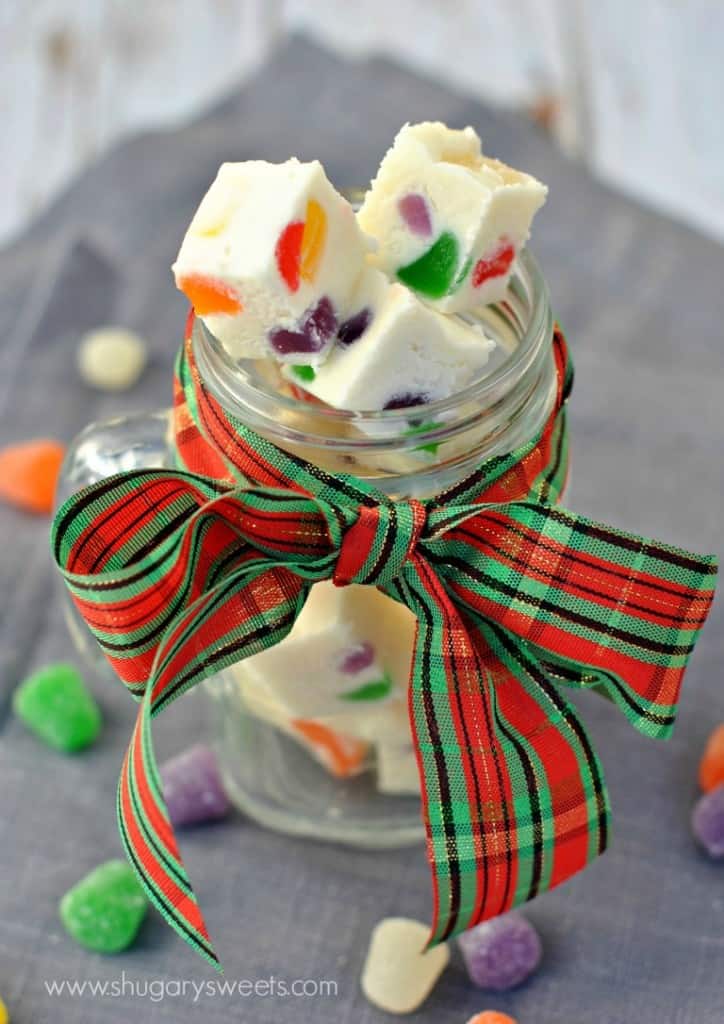 Gumdrop Fudge- soft vanilla fudge filled with colorful chewy, fruity Gumdrops