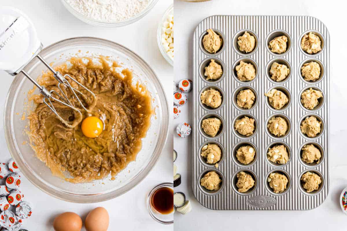 A glass bowl with cookie dough and an egg, ready to make white chocolate peanut butter cookies, sits beside a muffin tin filled with unbaked cookie dough scoops.