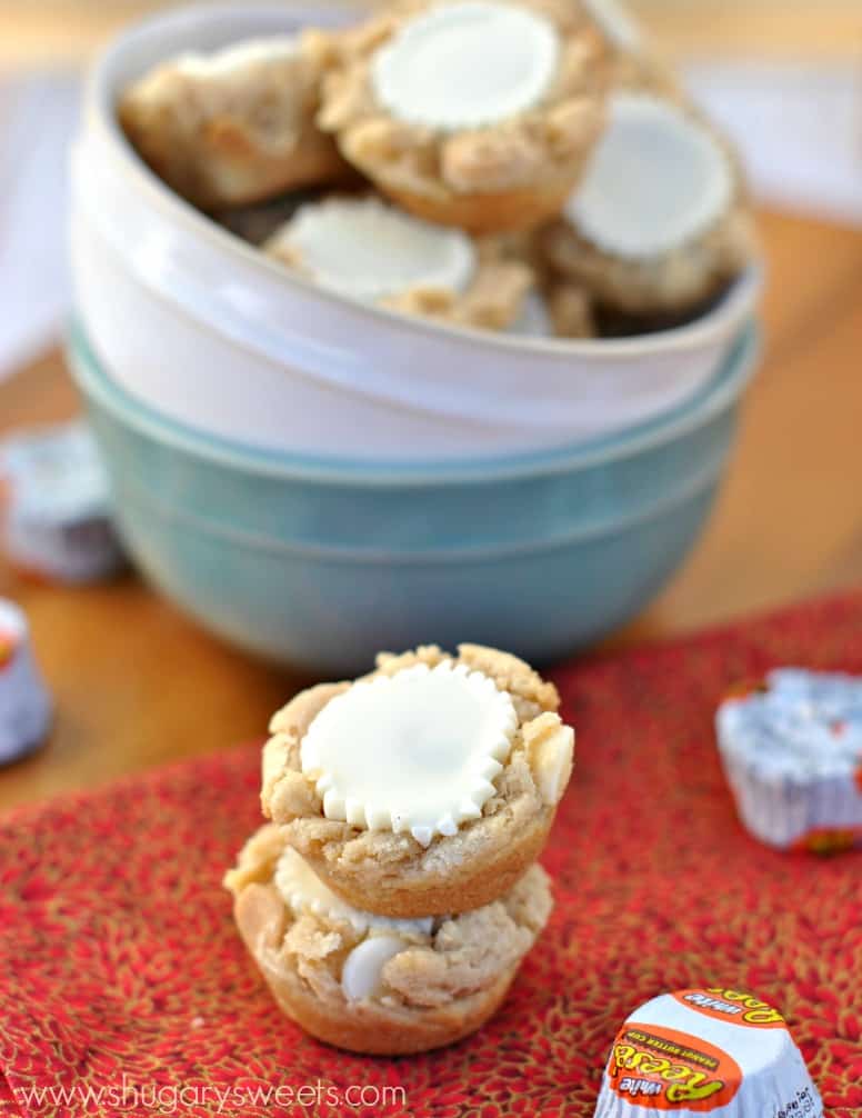 White Chocolate Peanut Butter Cookie cup recipe with a Reese's and sprinkles!