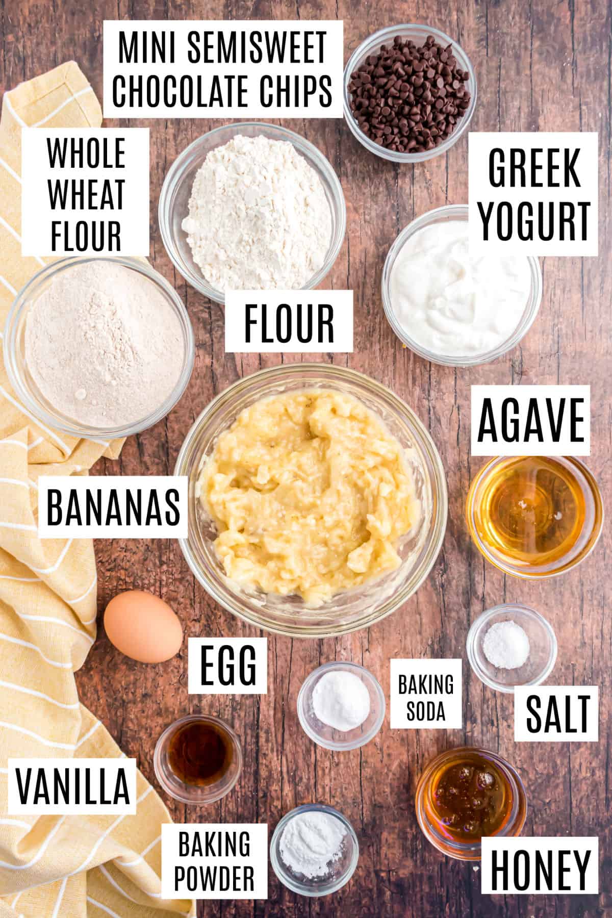 Ingredients needed to make healthy banana muffins.