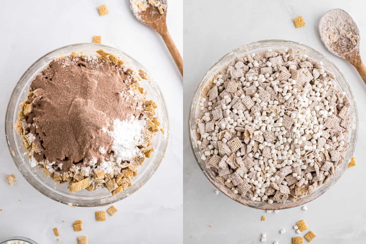 Two bowls with Chex cereal snack mix—one with dry ingredients added, the other fully mixed for the perfect hot cocoa muddy buddies with mini marshmallows.