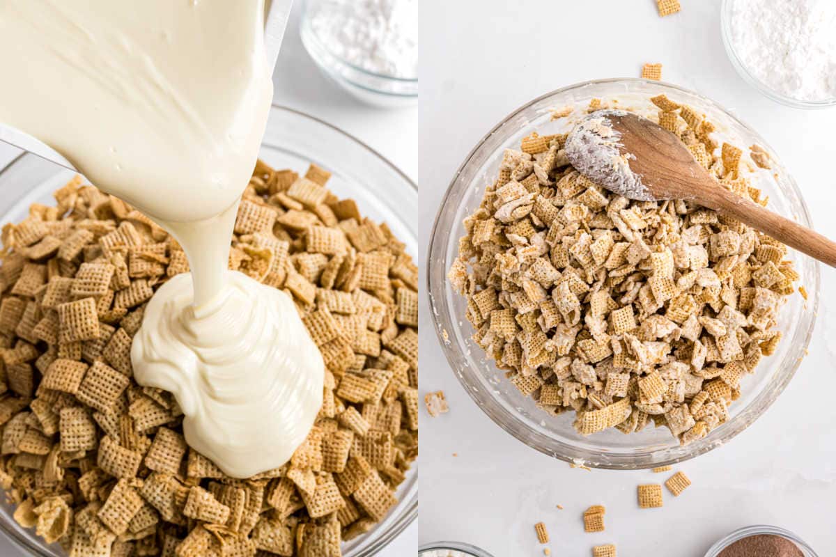 White chocolate is poured over cereal in a bowl, creating a delicious base for hot cocoa muddy buddies, then mixed with a wooden spoon in the next bowl.