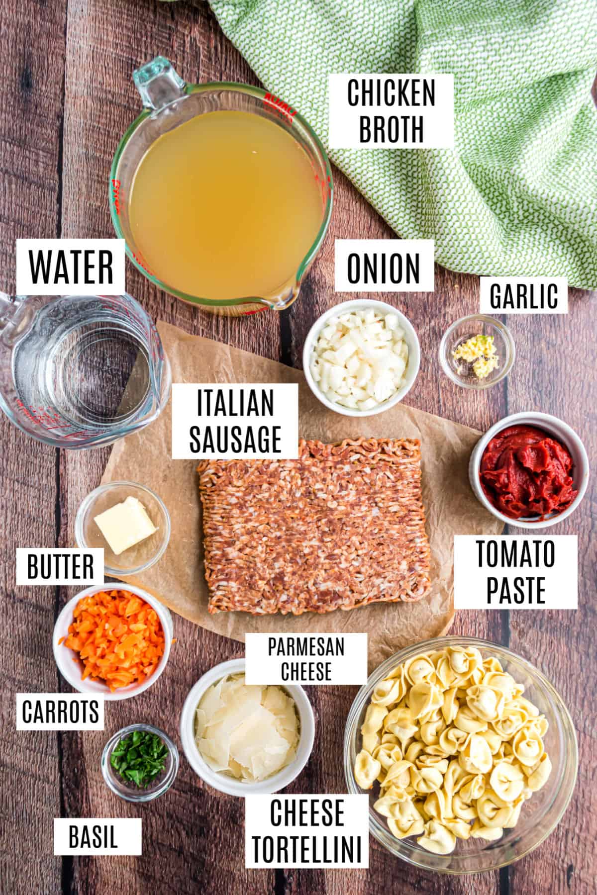 Ingredients needed for sausage tortellini soup.