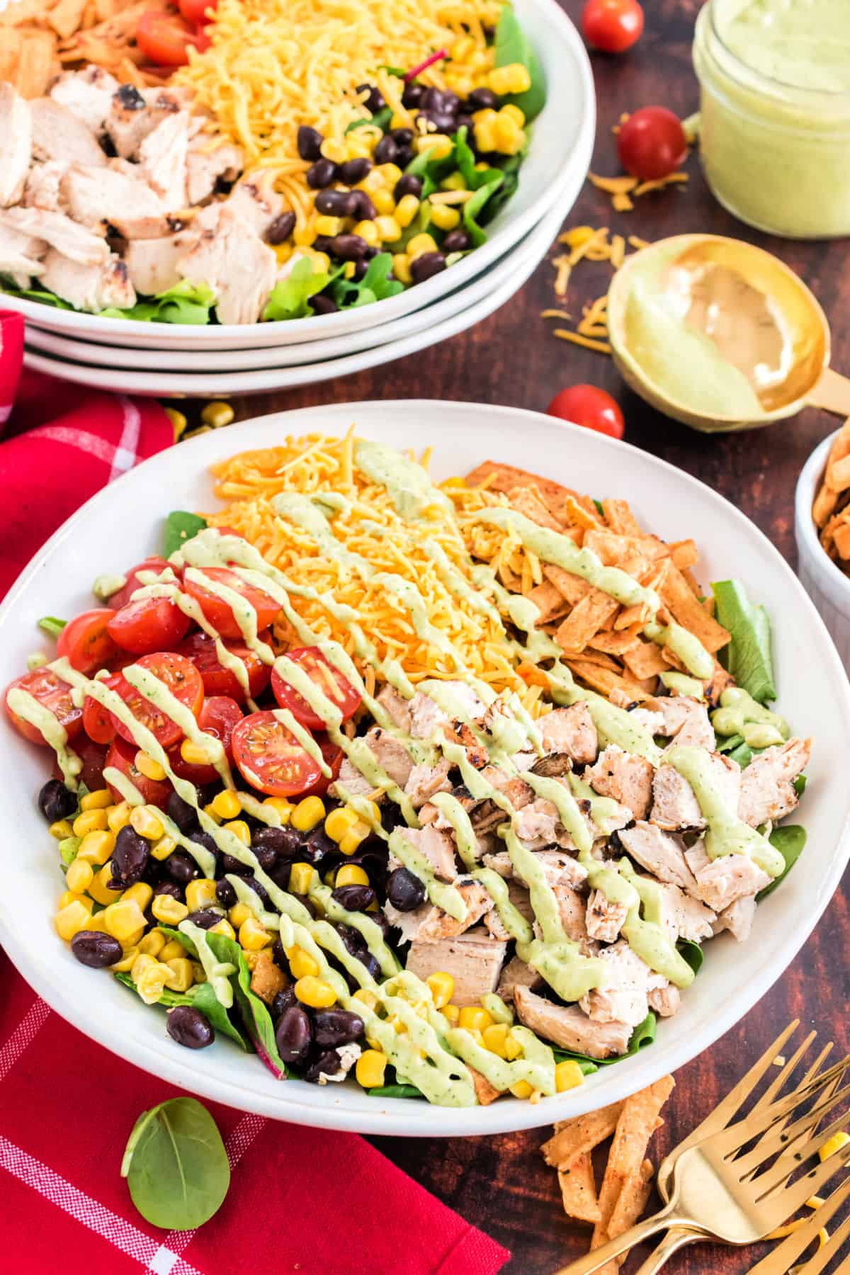 Southwest chicken salad with drizzles of avocado dressing on top.