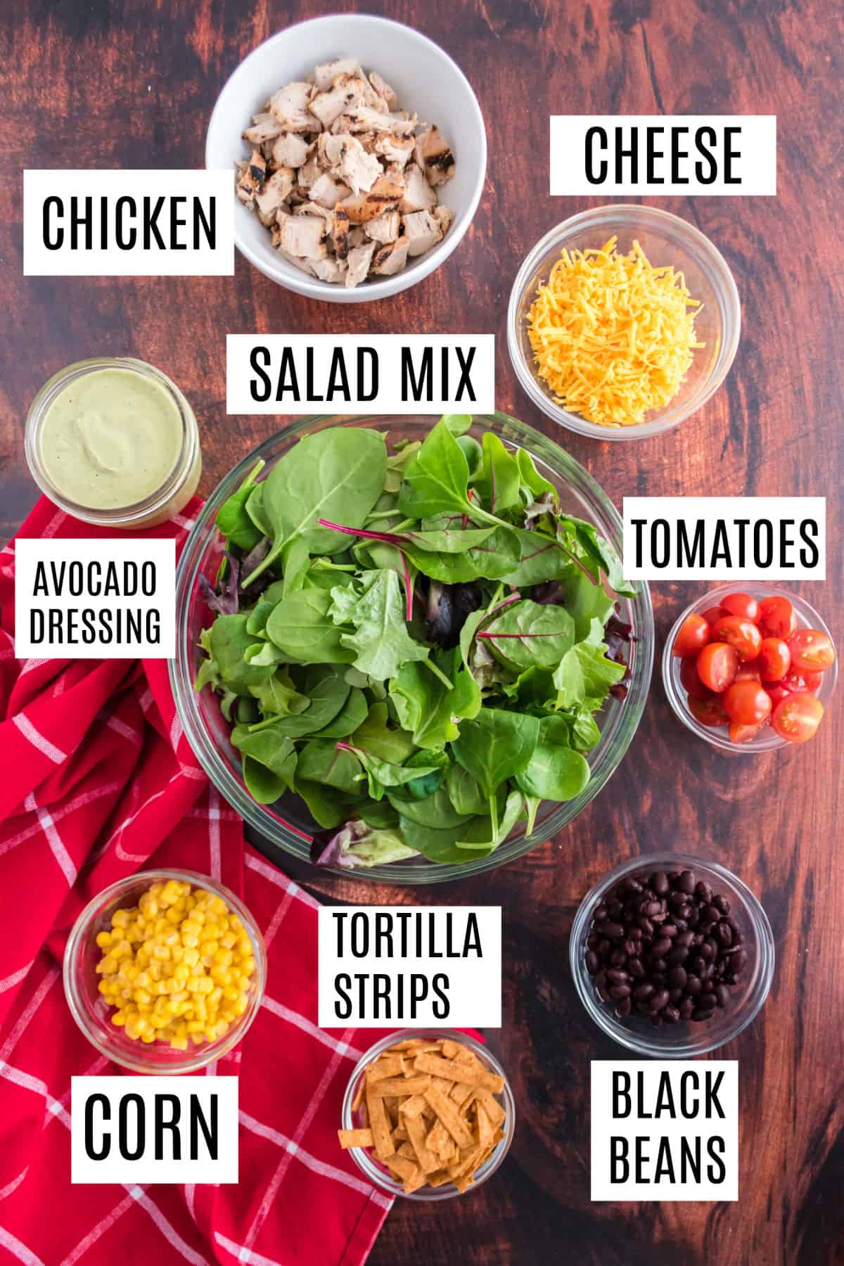 Ingredients needed to make southwest chicken salad.
