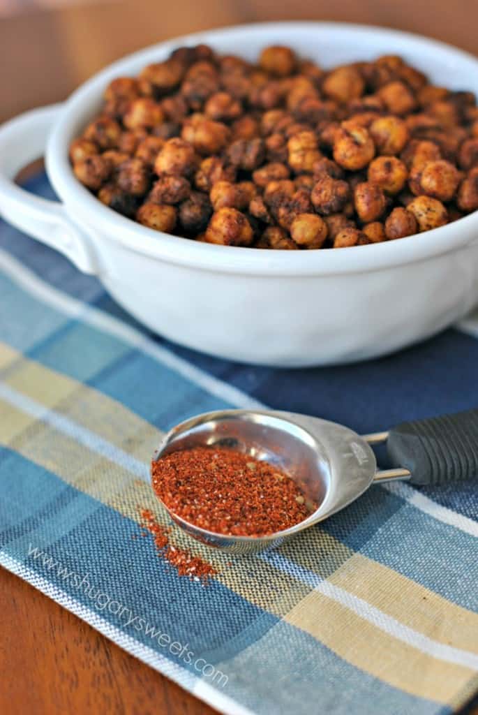 Crunchy, taco seasoned Spicy Roasted Chickpeas make a great snack idea! Full of fiber which keeps you satisfied longer!