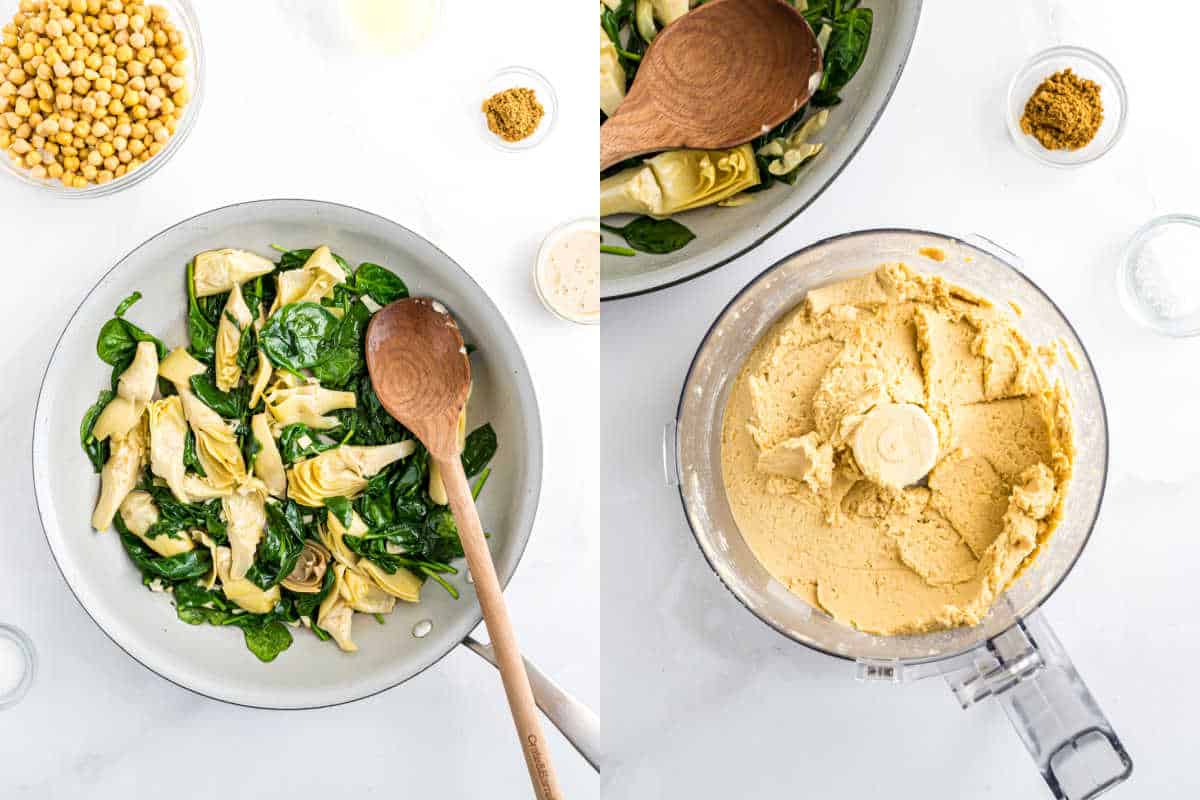 Sautéed spinach and artichokes in a pan, then blended them with chickpeas in a food processor for a creamy spinach artichoke hummus.