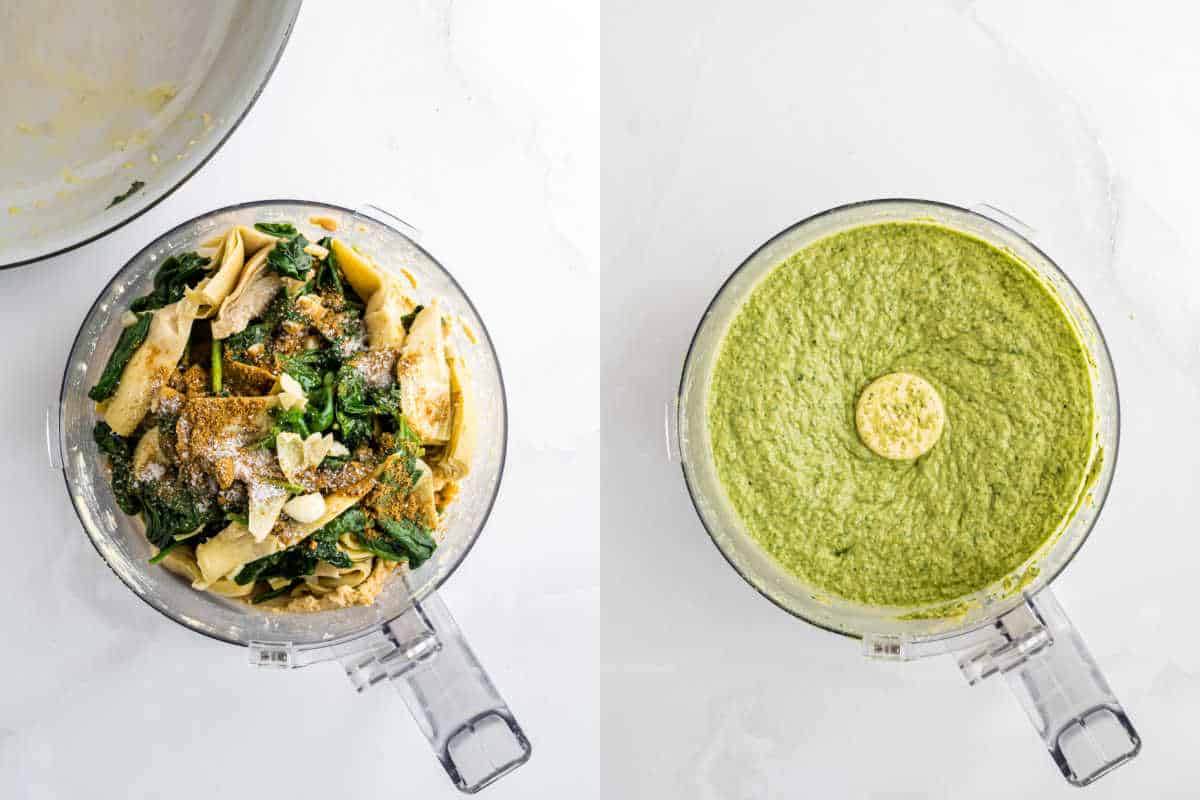 Two images: food processor with spinach, artichokes, and seasonings for spinach artichoke hummus; then blended into a creamy green dip.