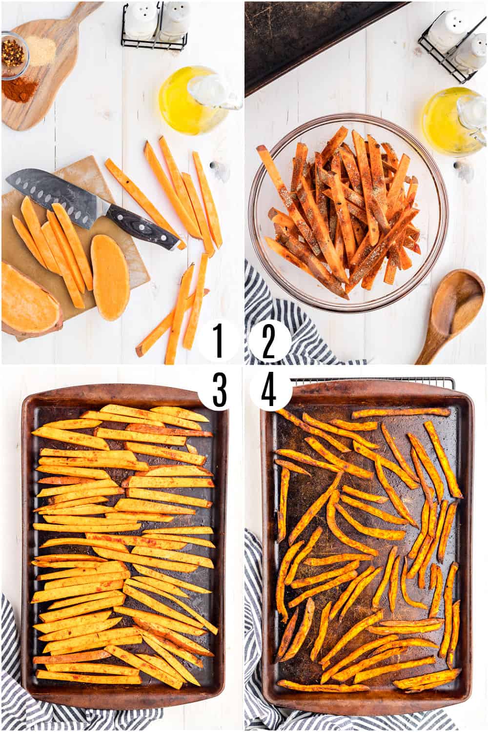 Step by step photos showing how to make sweet potato french fries.