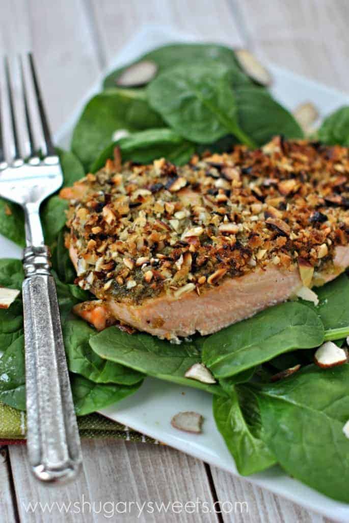 Almond Pesto Salmon on spinach