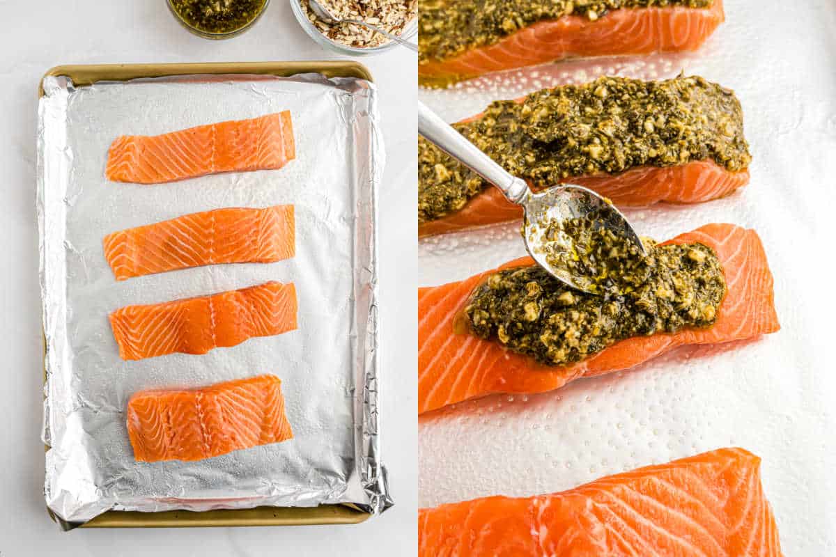 Left: Four raw salmon fillets on a foil-lined baking sheet. Right: Almond pesto being spread on a salmon fillet, preparing this flavorful almond pesto salmon dish.