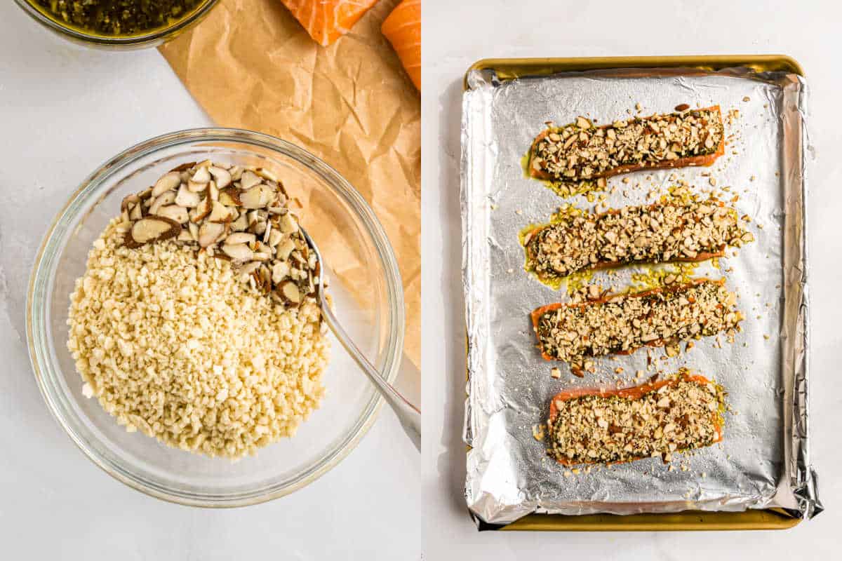 A bowl of chopped nuts and breadcrumbs sits beside almond pesto salmon fillets, nut-crusted and arranged on a foil-lined baking sheet.