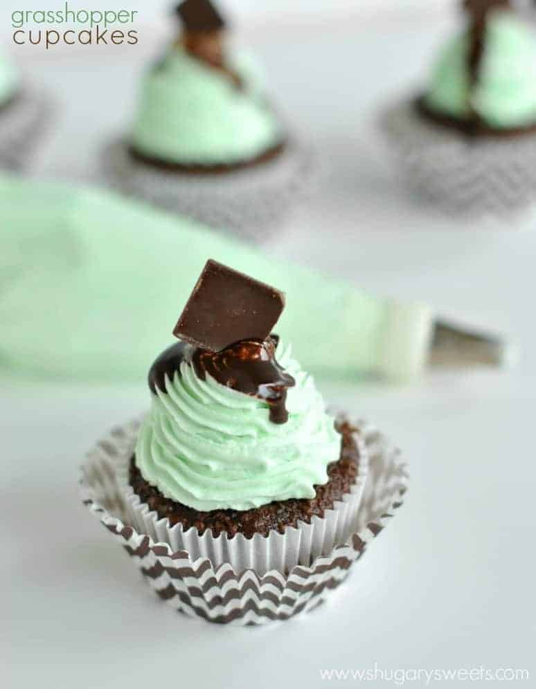 Dark chocolate cupcakes with Grasshopper frosting. A fresh, minty, whipped cream frosting!