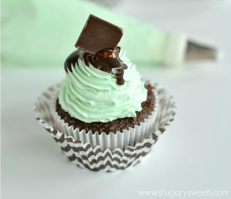 Dark chocolate cupcakes with Grasshopper frosting. A fresh, minty, whipped cream frosting!