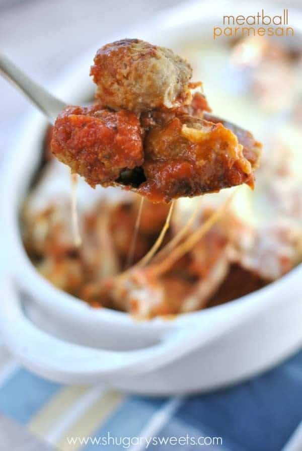 Meatball Parmesan Casserole, delicious baked turkey meatballs in a saucy, cheesy dish! Perfect on a sub sandwich!