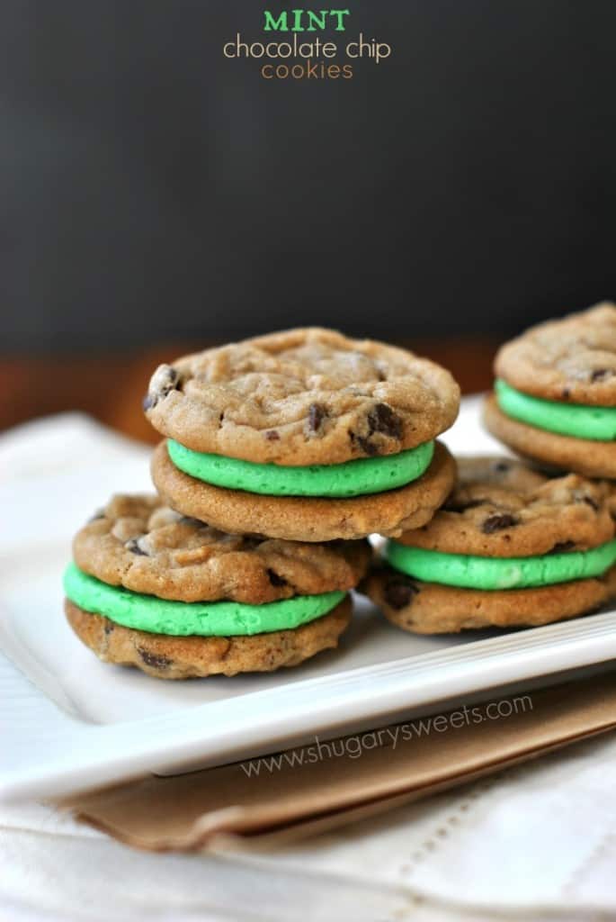 Mint Chocolate Chip Sandwich Cookies: easy cookies with mint buttercream filling!