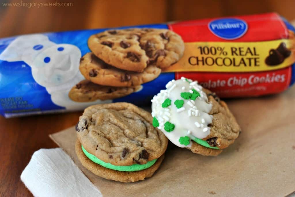 Chocolate chip cookies filled with green buttercream.