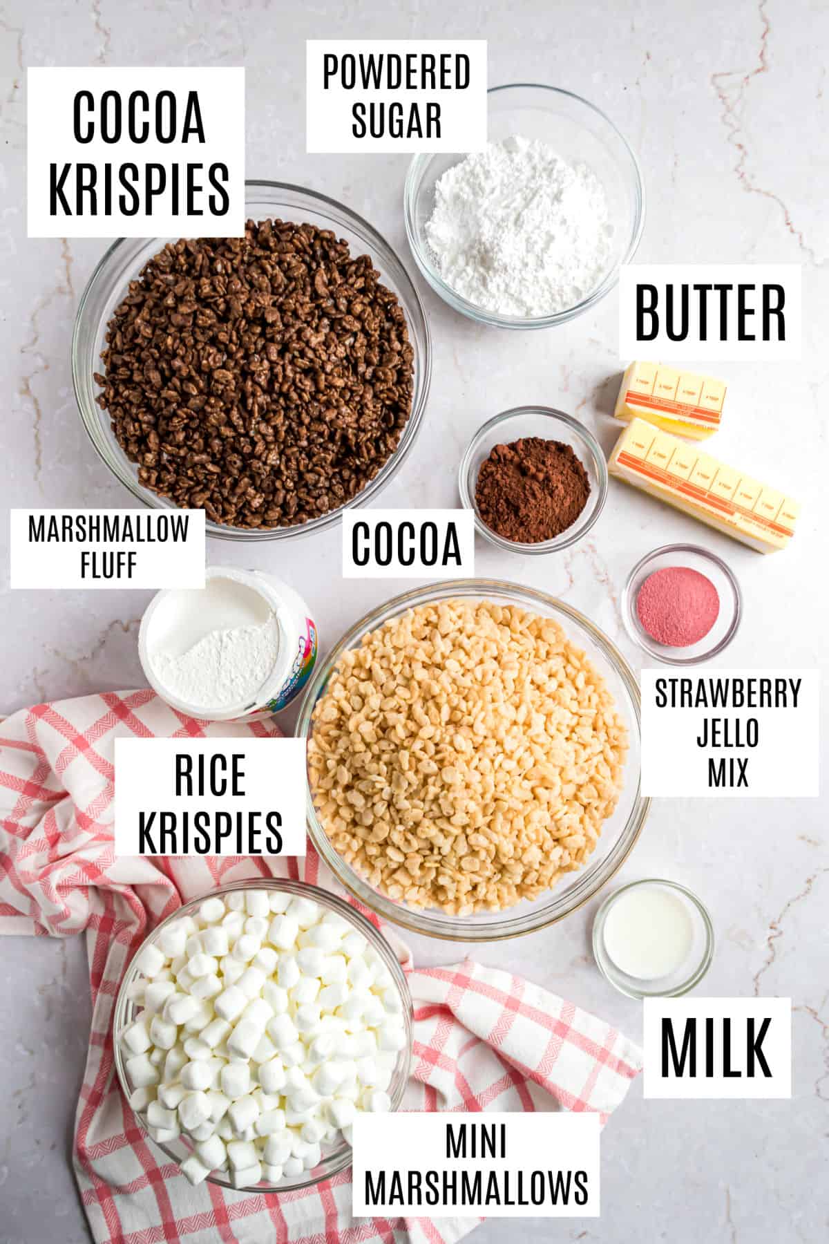 Ingredients needed to make neapolitan krispie treats.