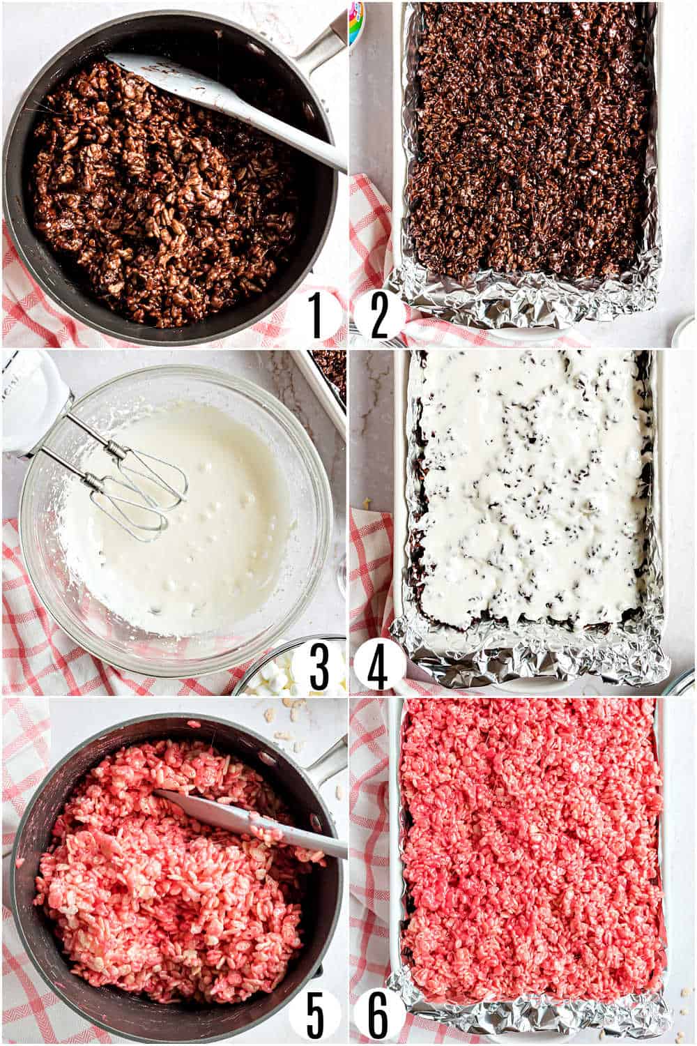 Step by step photos showing how to make triple layer rice krispie treats.