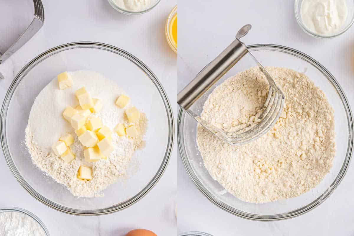 Step by step photos showing how to make orange scone crumb.