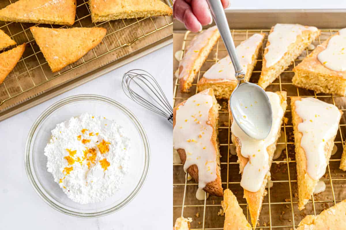 Step by step photos showing how to make an orange glaze for scones.