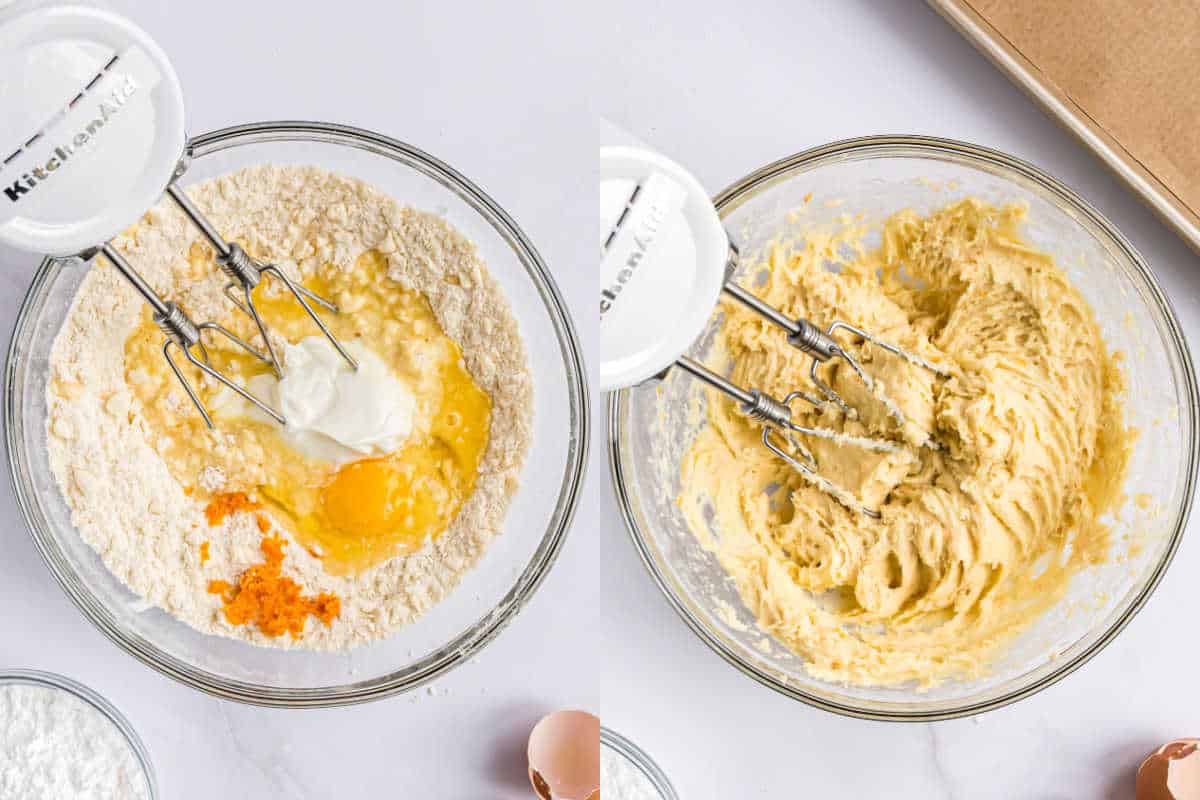 Step by step photos showing how to make orange scone batter.