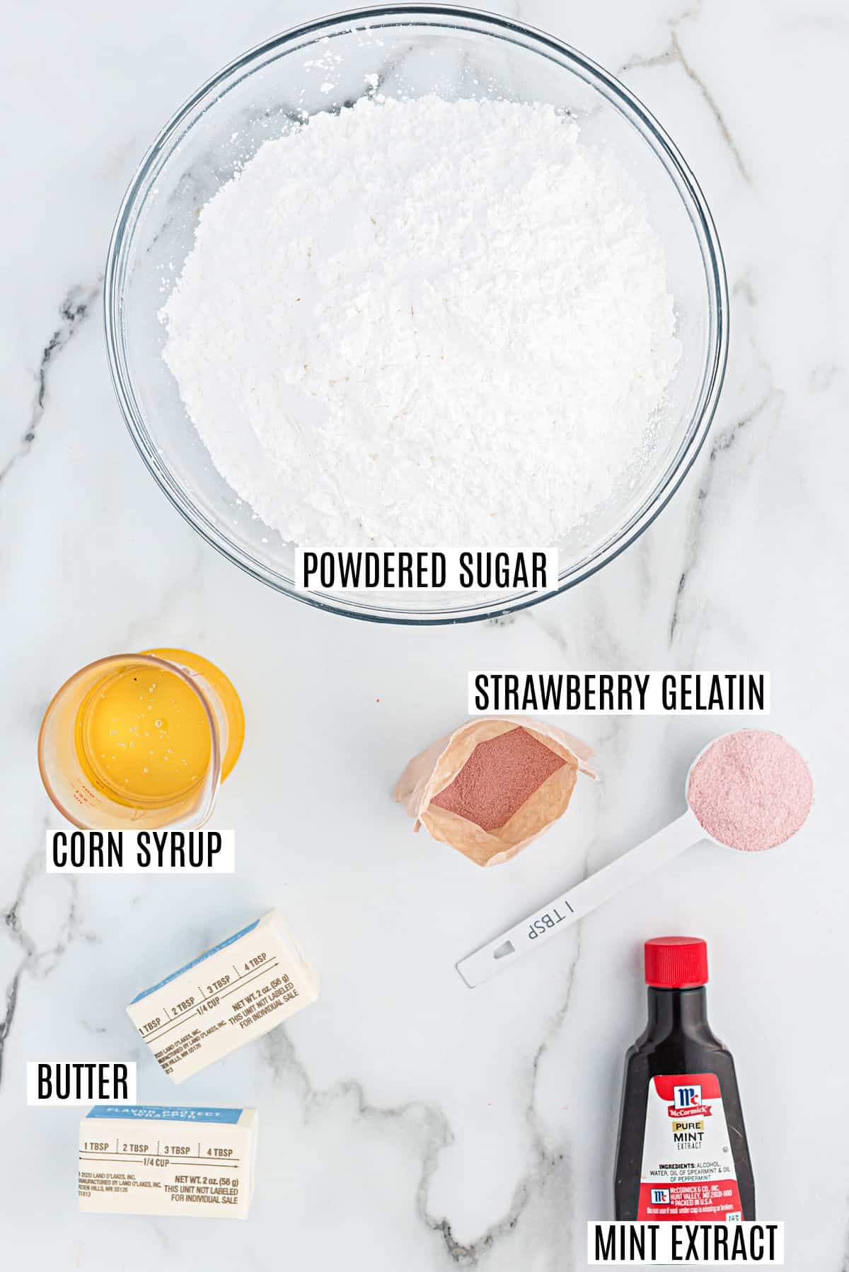 Ingredients needed to make strawberry mints.