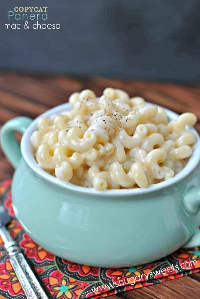 Bowl with homemade macaroni and cheese. Copycat recipe from panera.
