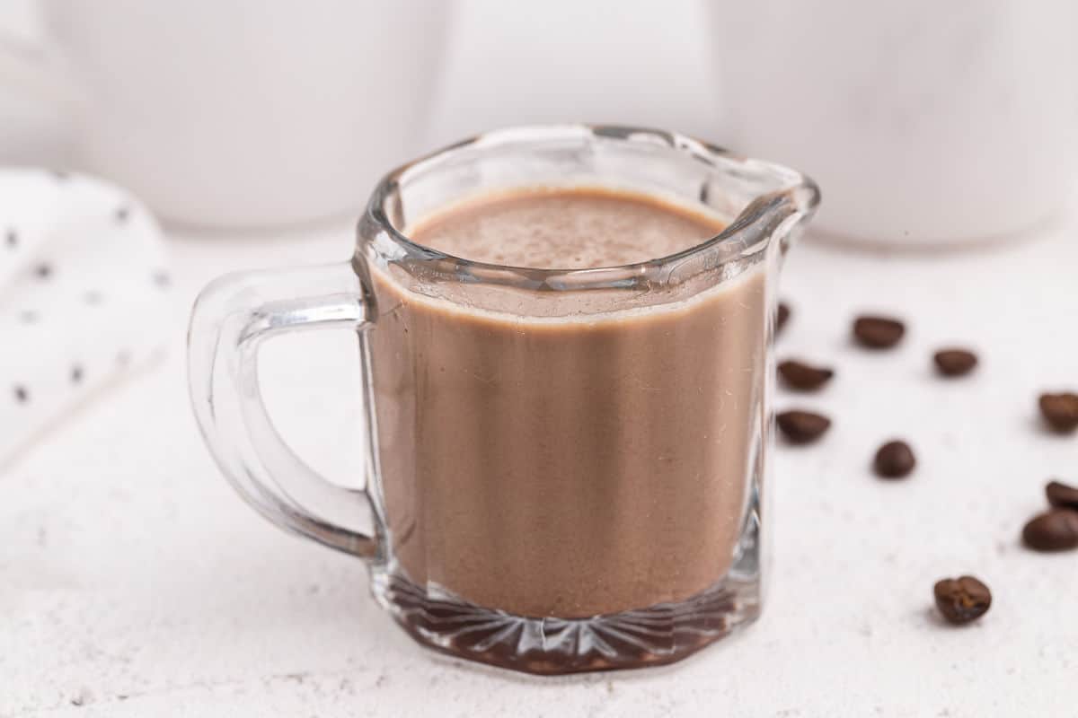 Irish coffee creamer in a small glass pitcher.