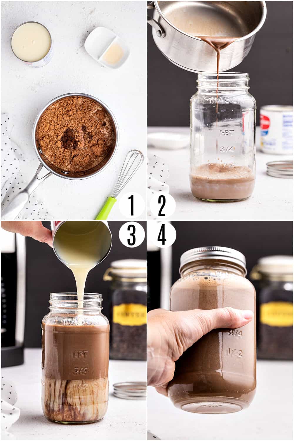 Step by step photos showing how to make irish coffee creamer.
