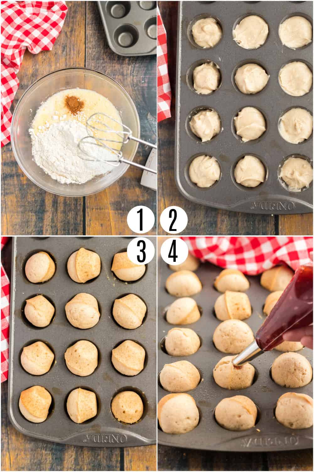 Step by step photos to make jelly filled donut holes.