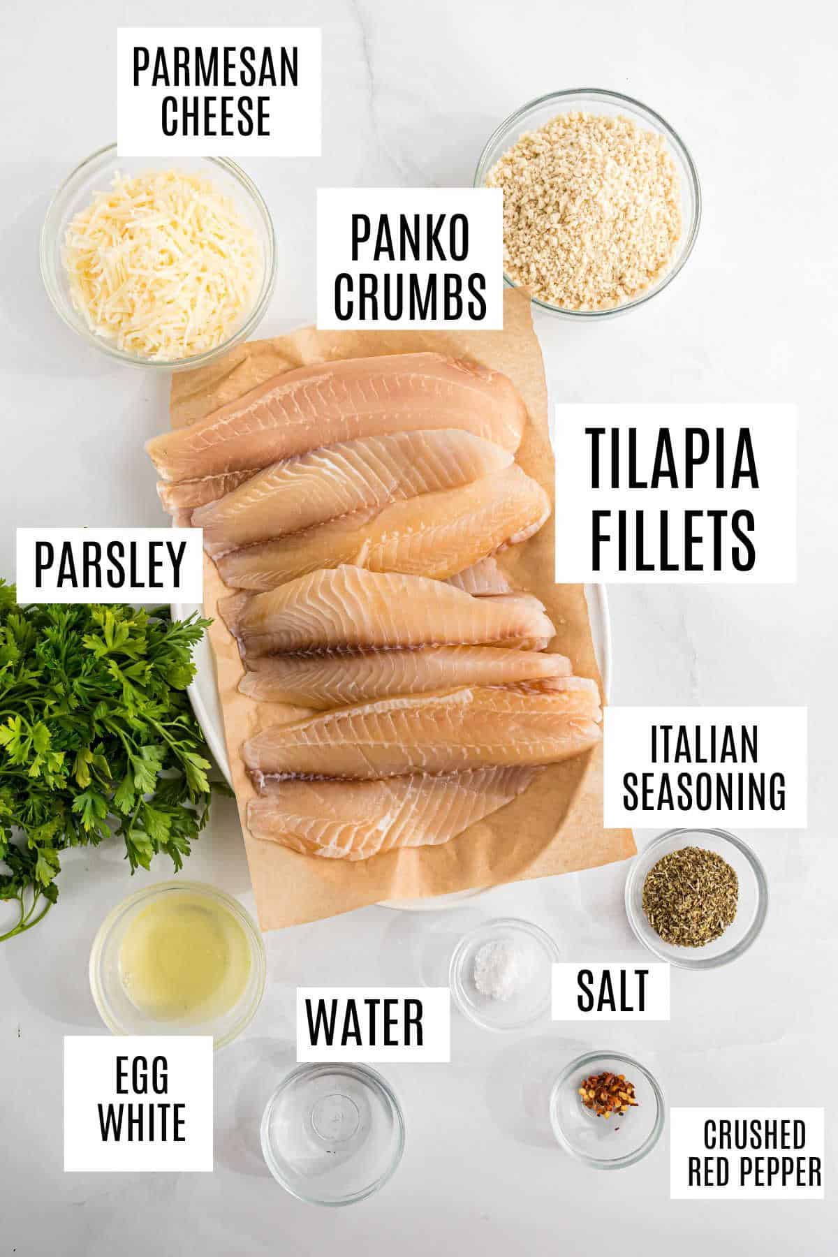 Parmesan crusted tilapia fillets on parchment, surrounded by labeled bowls of cheese, crumbs, spices, egg white, water, and parsley.