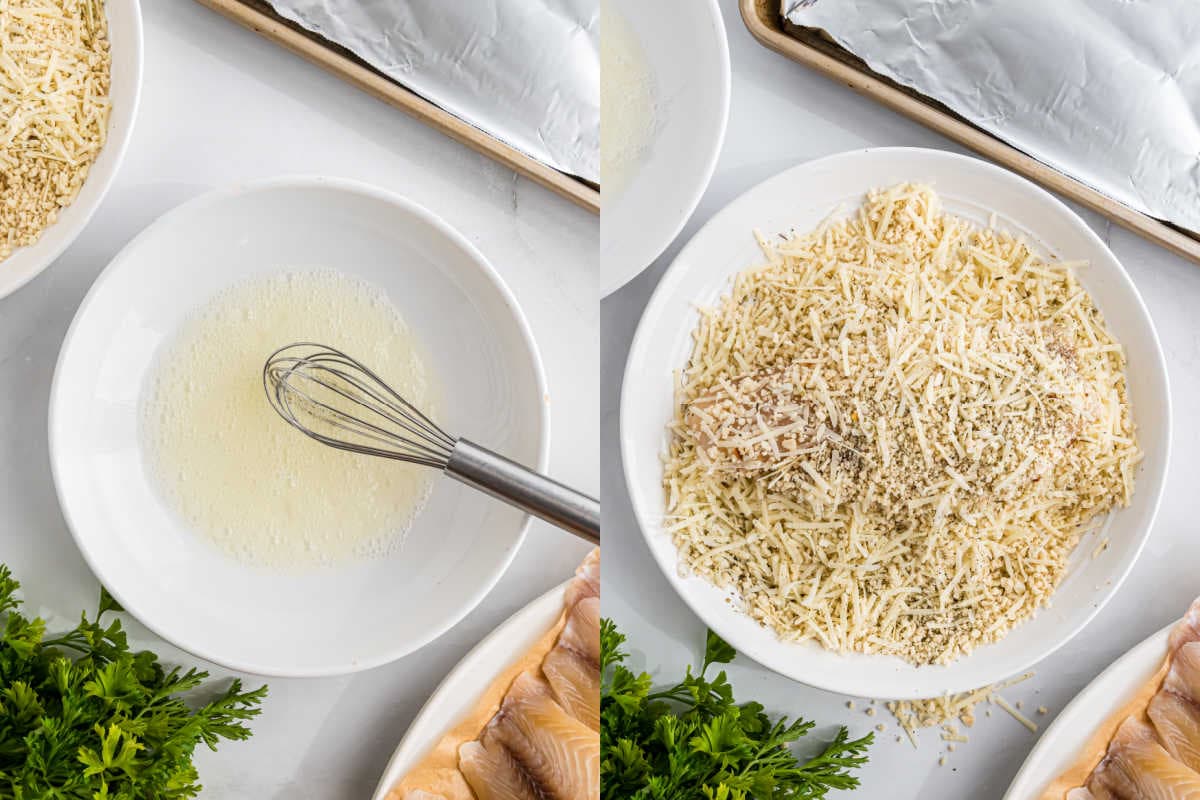 Left: Bowl with whisked egg white; right: plate with shredded cheese and herbs for parmesan crusted tilapia. Parsley and fish nearby.