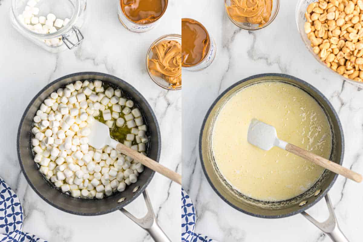 Step by step photos showing how to make marshmallow filling for truffles.