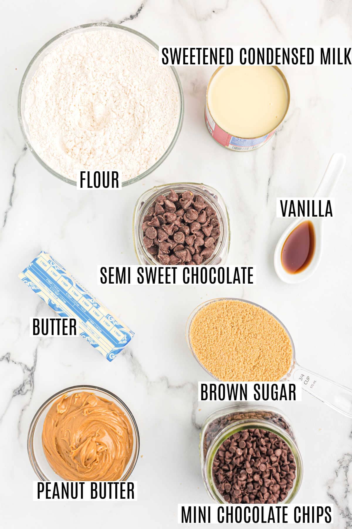Ingredients needed to make peanut butter cookie dough bars.