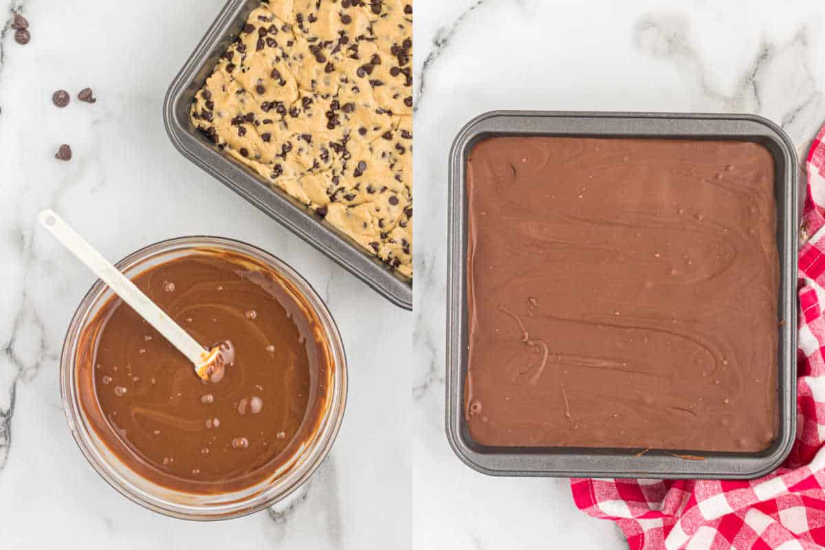Step by step photos showing how to assemble cookie dough bars.